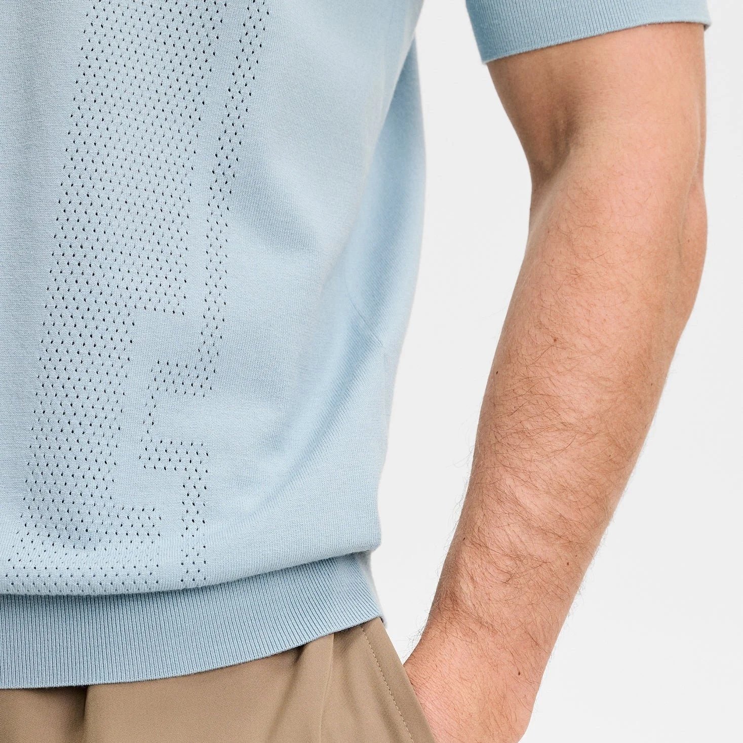 Close View of J Lindeberg Silk Mix Knitted Polo in Soft Blue