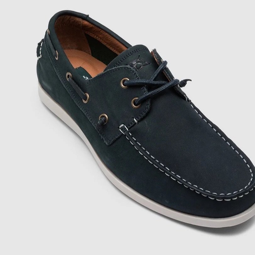 Angle View of Rodd & Gunn Leather Boat Shoe in Navy