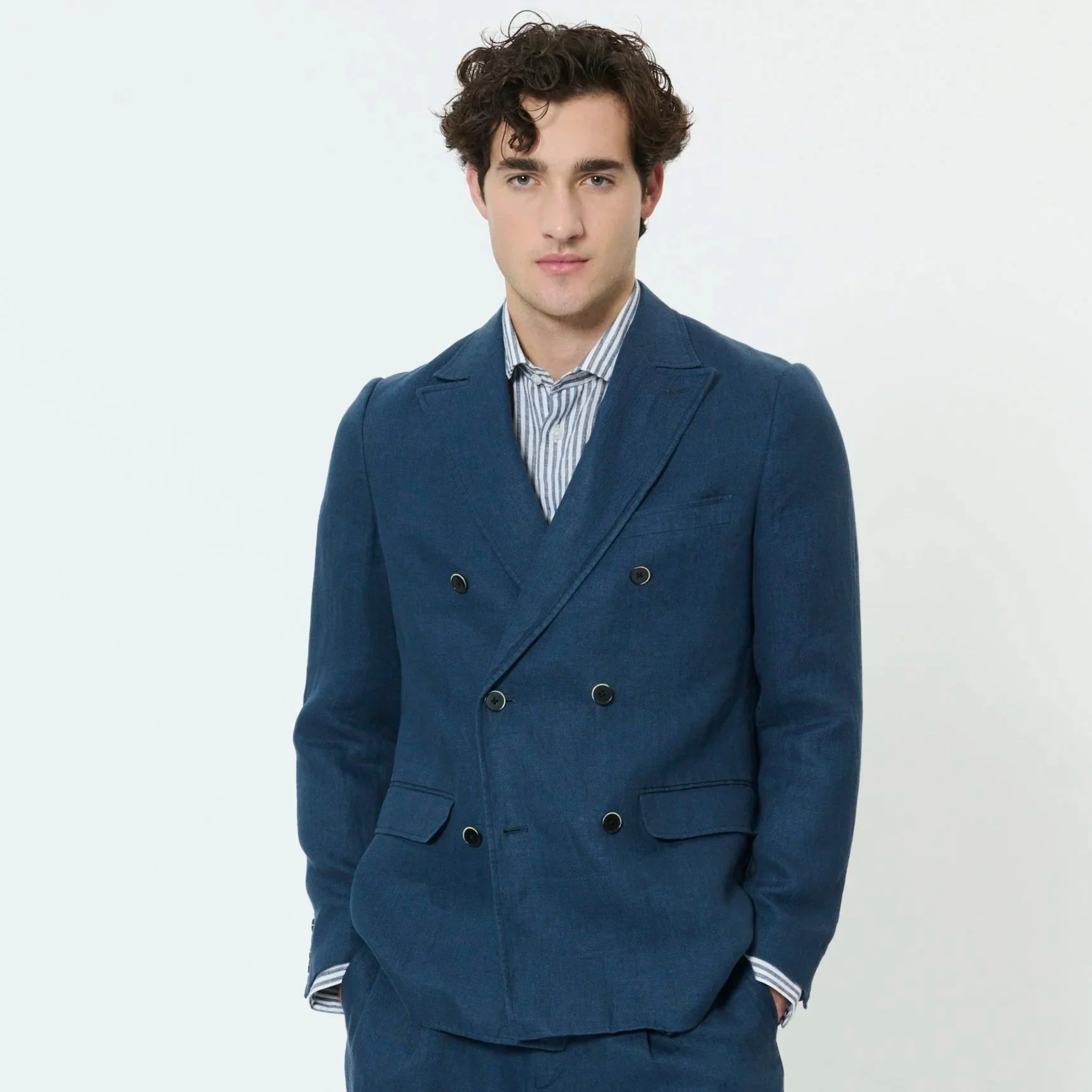 Model View of Matinique Slim Fit Linen Double Breasted Blazer in Navy