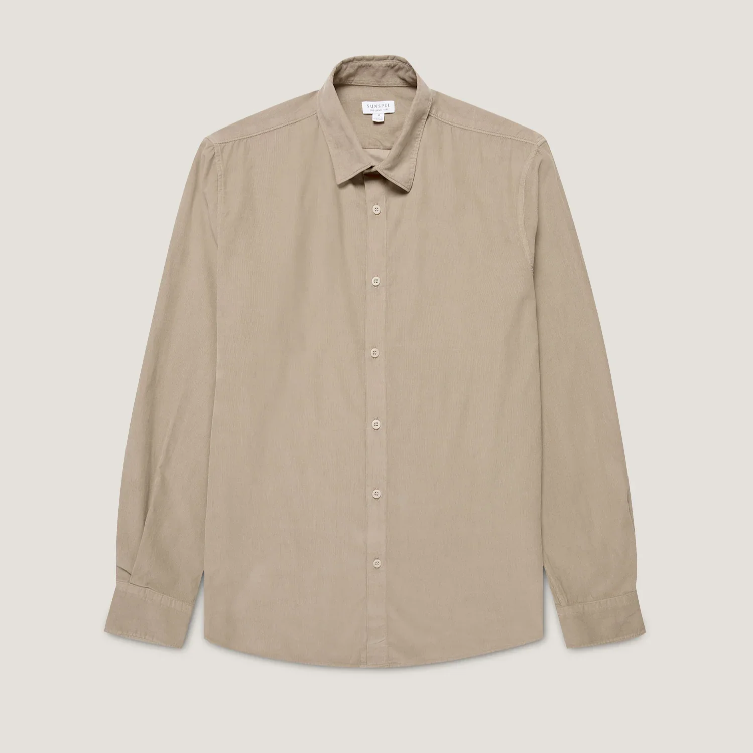 Flat View of Sunspel Luxury Fine Cord Shirt in Fog Taupe