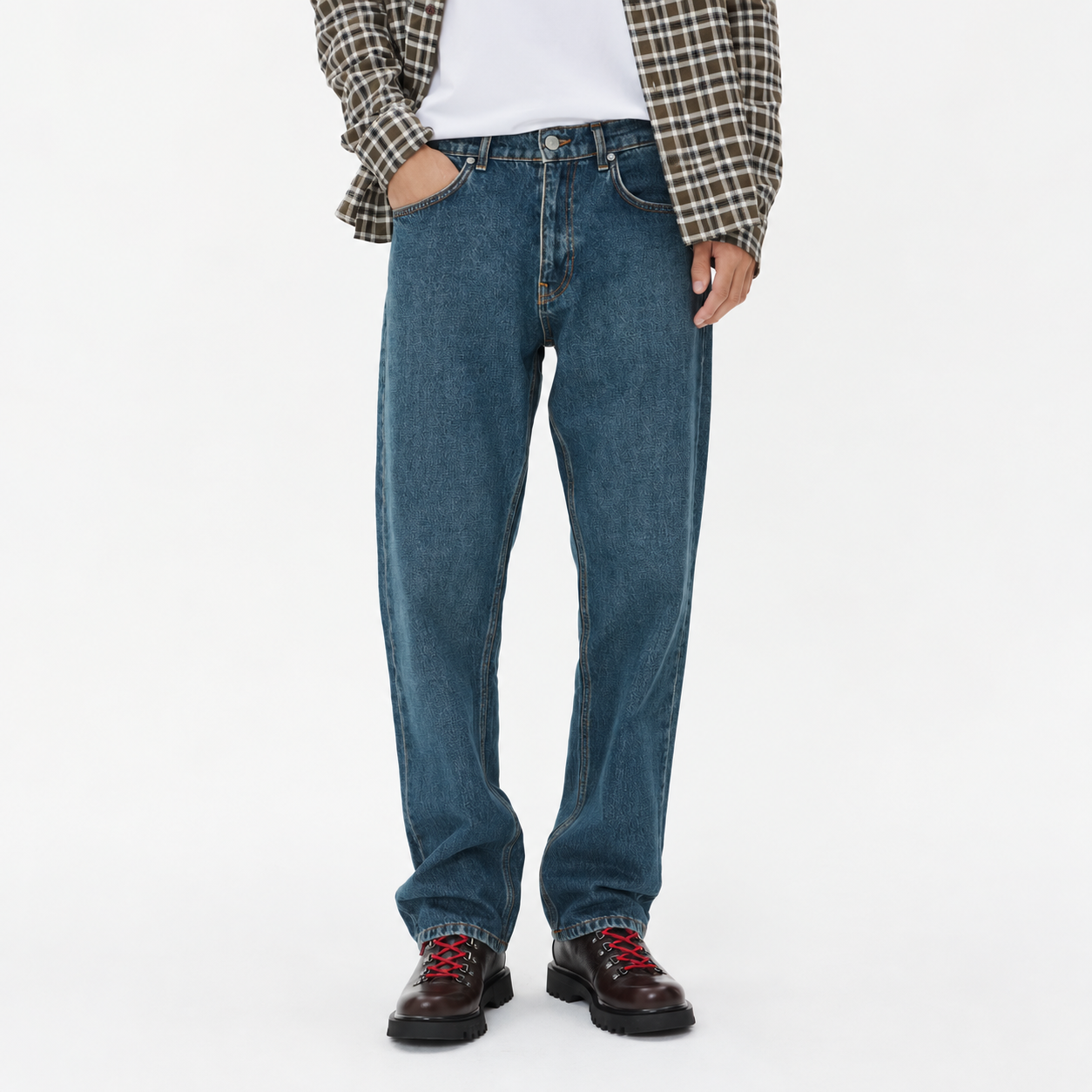 Front View of Model in Matinique Loose Fit Cotton Jeans in Washed Denim