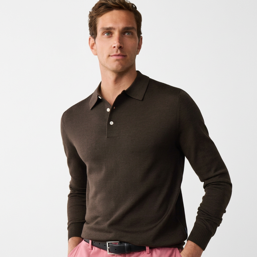 Front View of Model in Hackett Luxury Merino and Silk Long-Sleeve Polo in Vintage Green