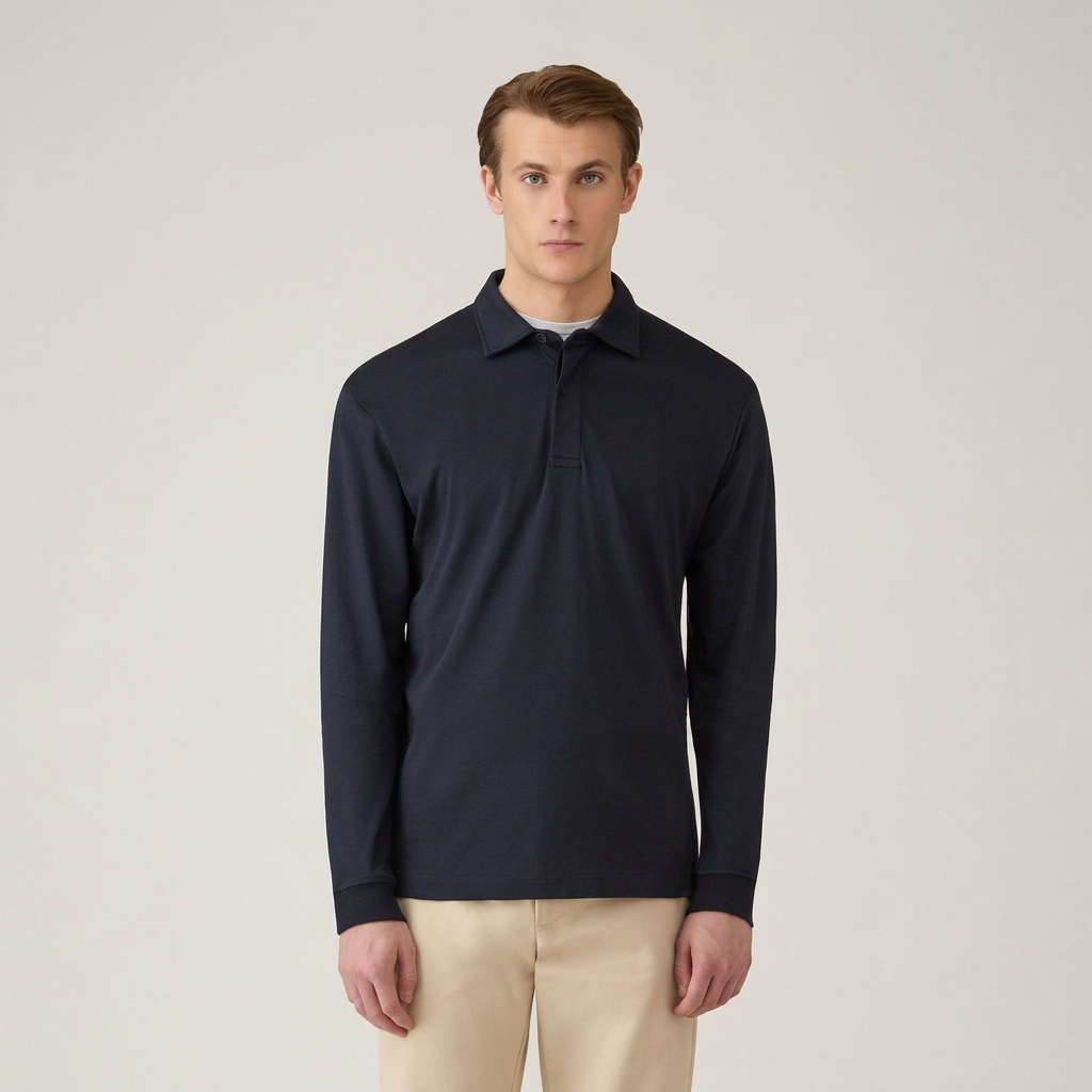 Front View of Model in Sunspel Luxury Heavyweight Long Sleeve Rugby Polo in Midnight Navy