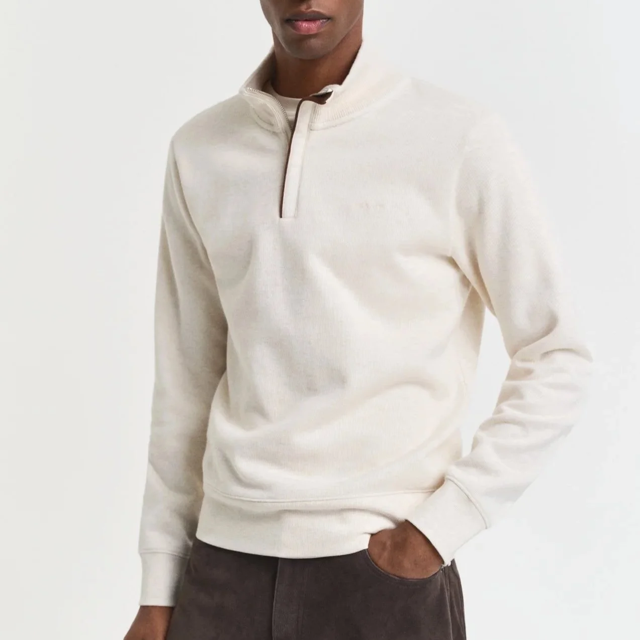 Model View of GANT Sacker Rib Half Zip Jumper in Cream