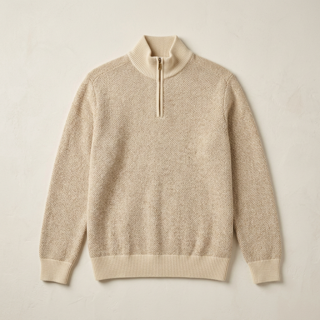 Flat View of SAND Copenhagen Luxury Cashmere Blend Half Zip Jumper in Champagne Beige