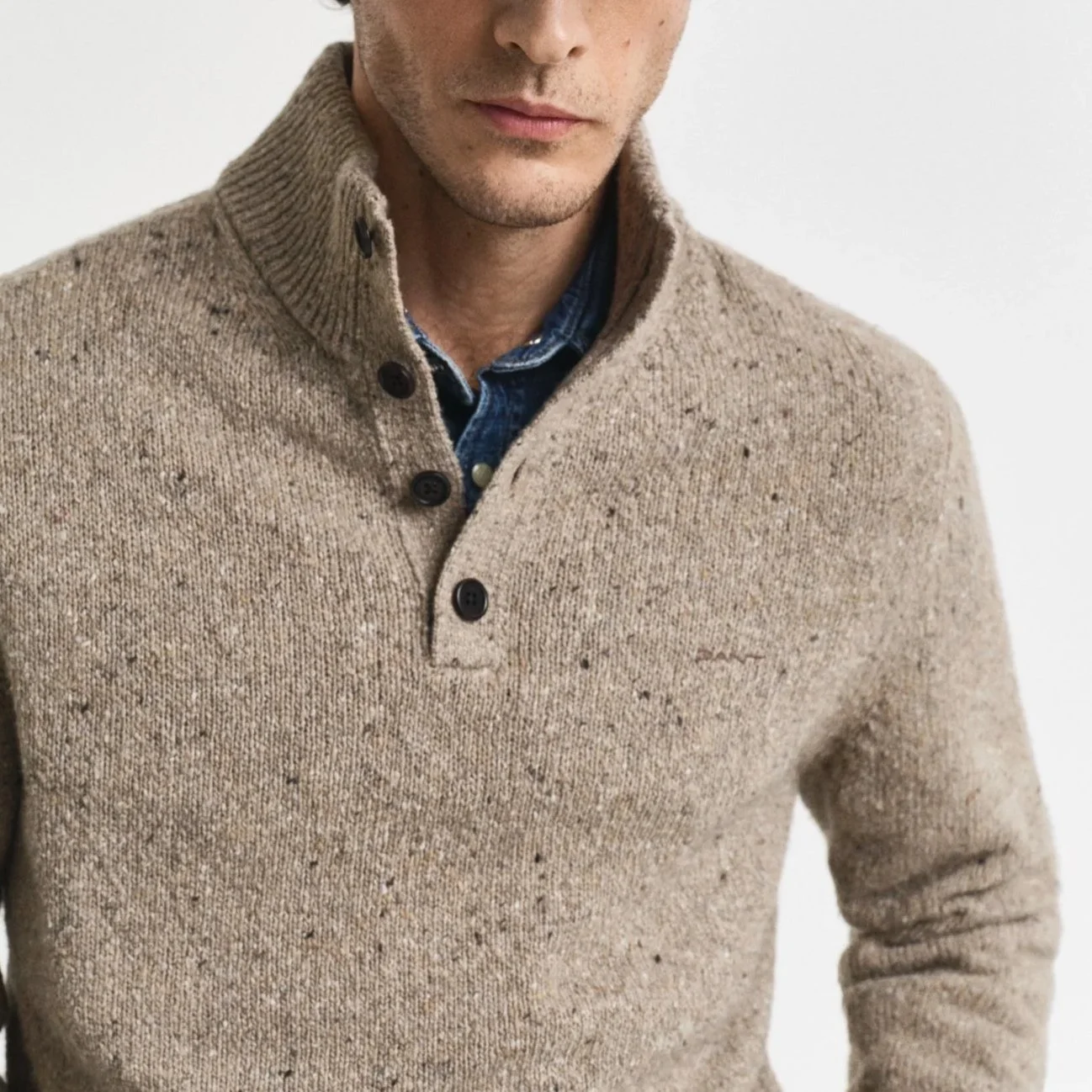 Close Model View of GANT Nepps Half Button Jumper in Sand and Multi