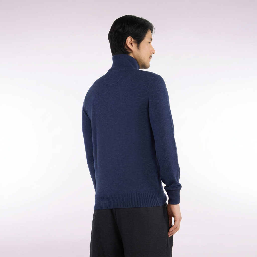 Back View of Model in Eden Park Half Zip Jumper in Dark Blue