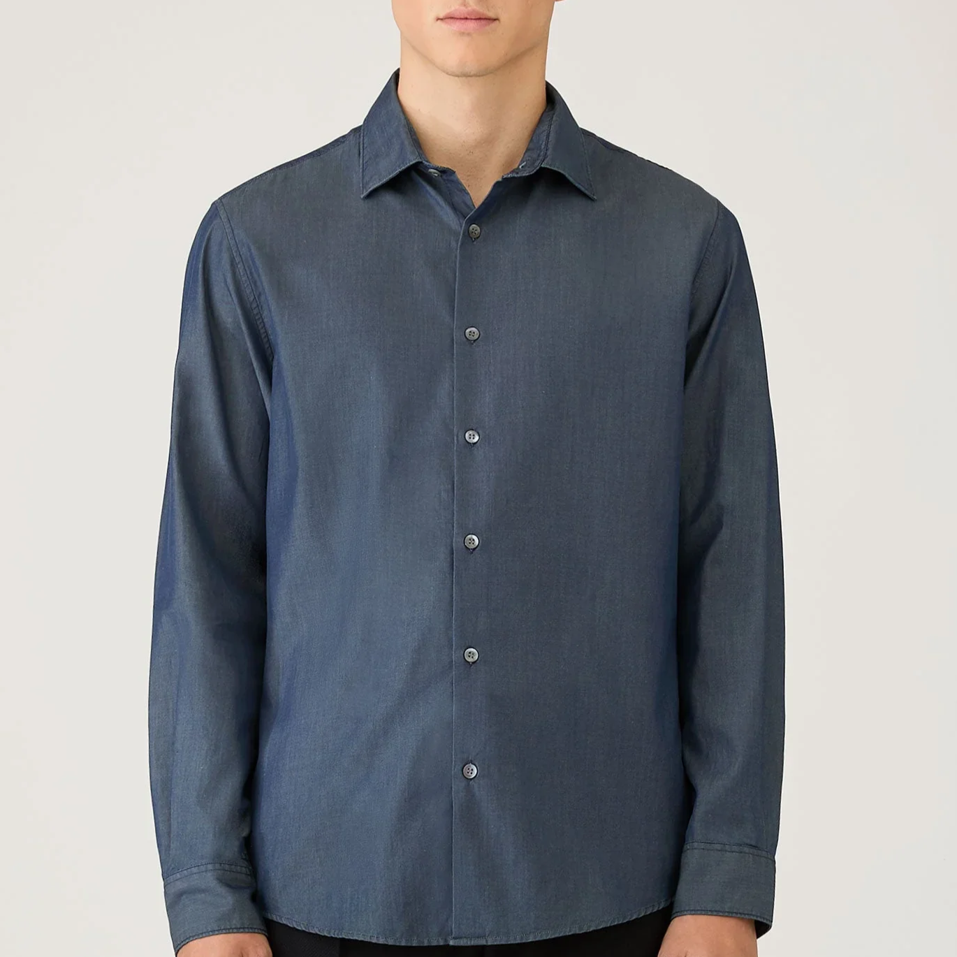 Model View of Sunspel Luxury Sea Island Cotton Blend Shirt in Navy