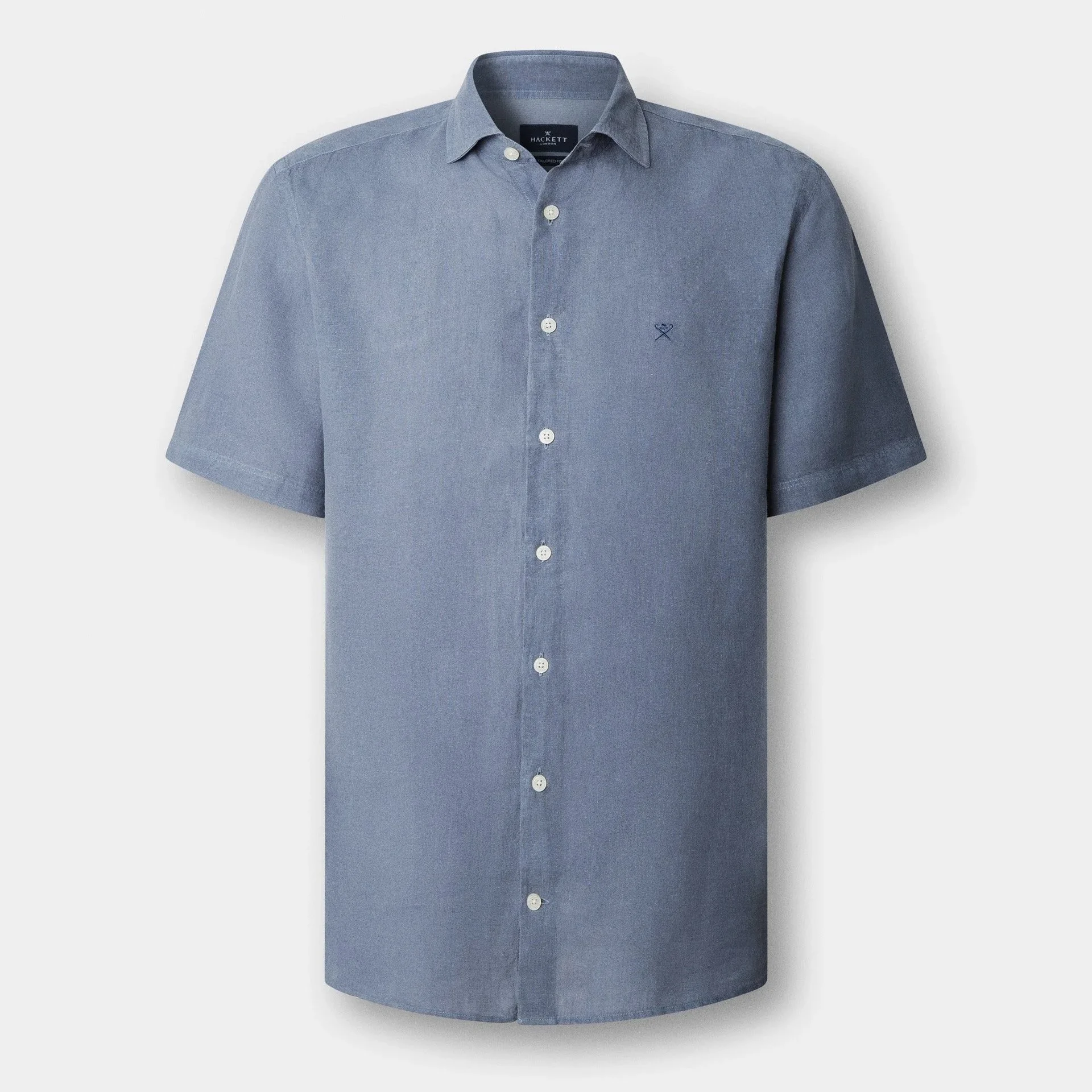 Flat View of Hackett Slim Fit Linen Short Sleeve Shirt in Light Blue