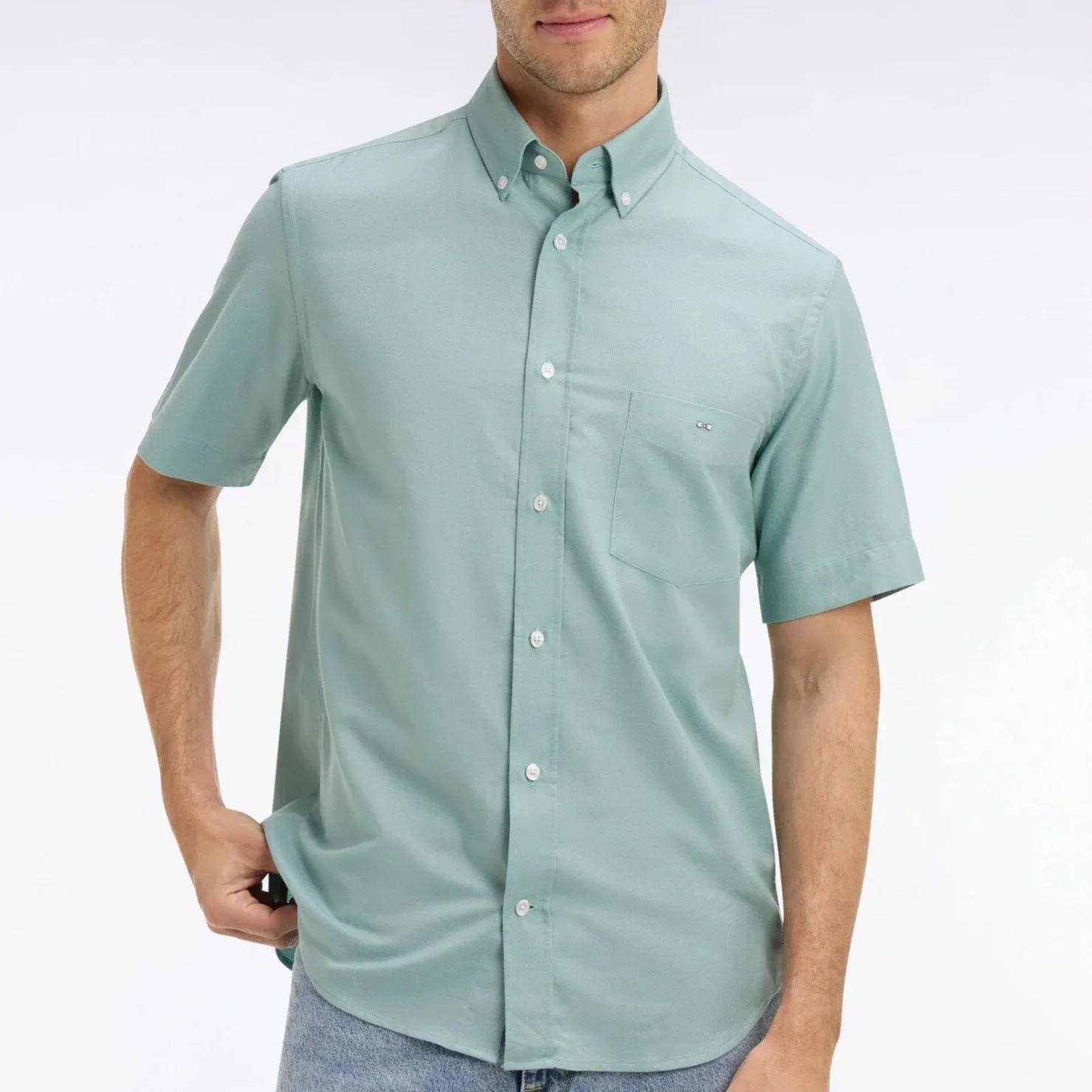 Model View of Eden Park Texture Short Sleeve Shirt in Soft Green