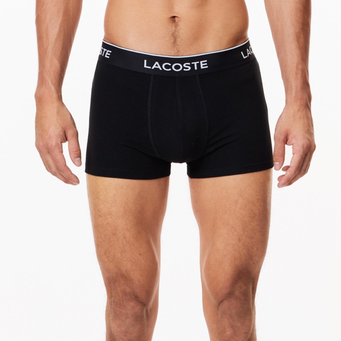 Full View of Model in Lacoste 3 Pack Trunks in Black