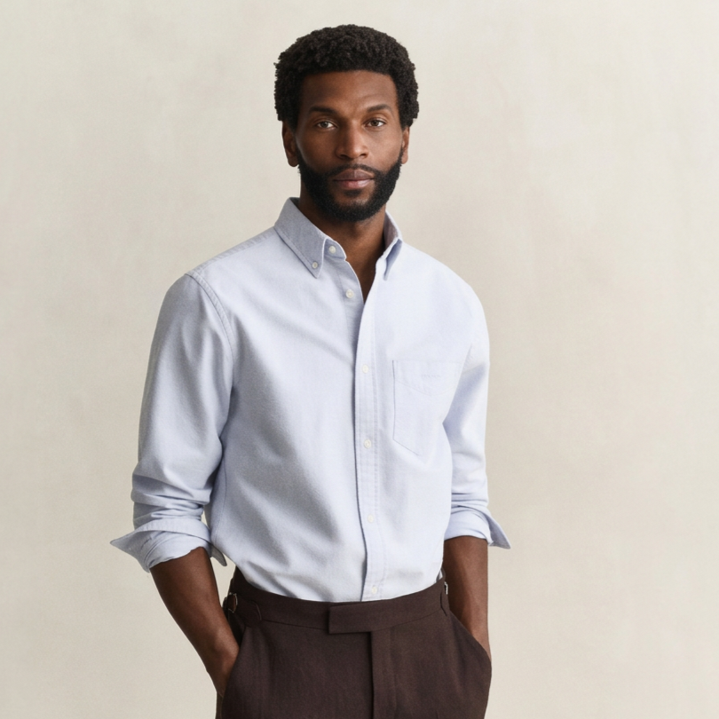 Front View of Model in GANT Regular Fit Brushed Cotton Oxford Shirt in Clear Sky Blue