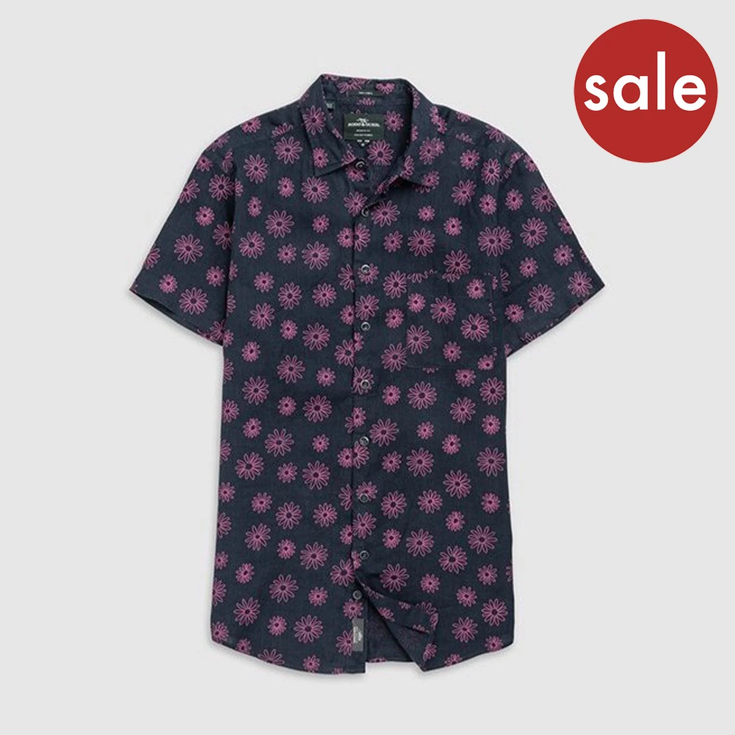 Rodd & Gunn Slim-Fit Linen Short-Sleeve Shirt - Navy / Pink - XL