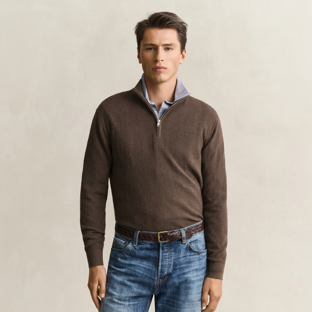 Front View of Model in GANT Herringbone Texture Half Zip in Brown Melange