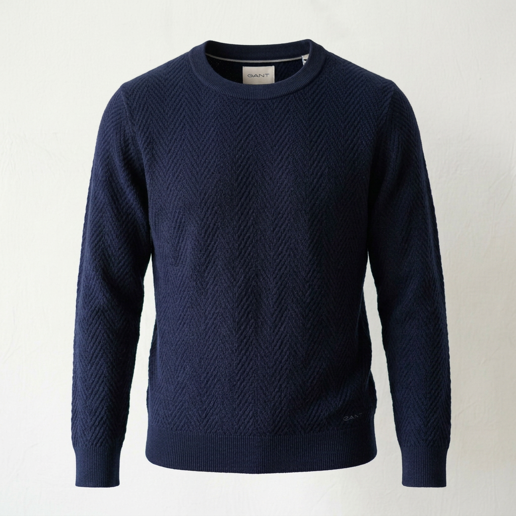 Flat View of GANT Herringbone Textured Crew Neck in Evening Blue
