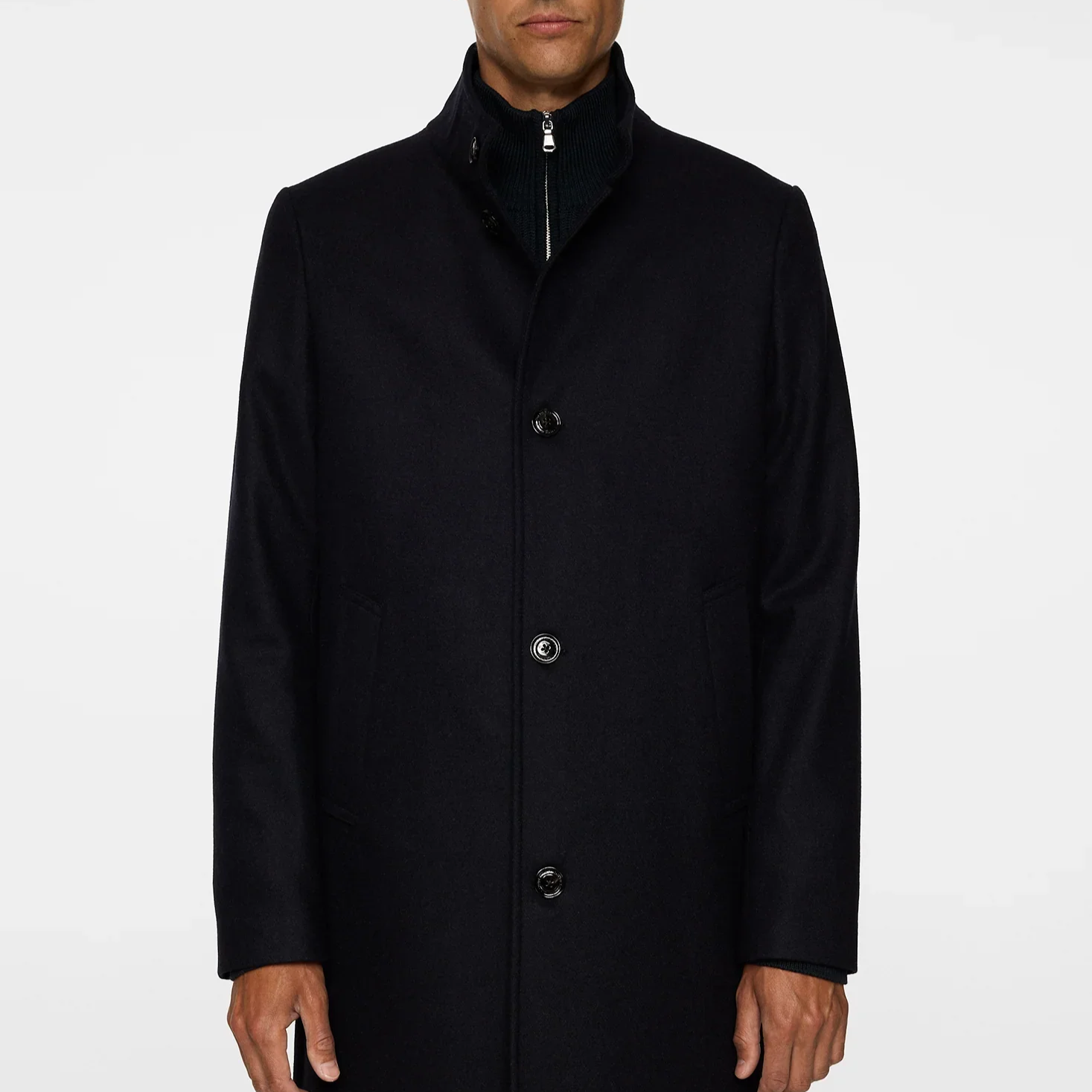 Model View of J Lindeberg Wool Overcoat in Navy