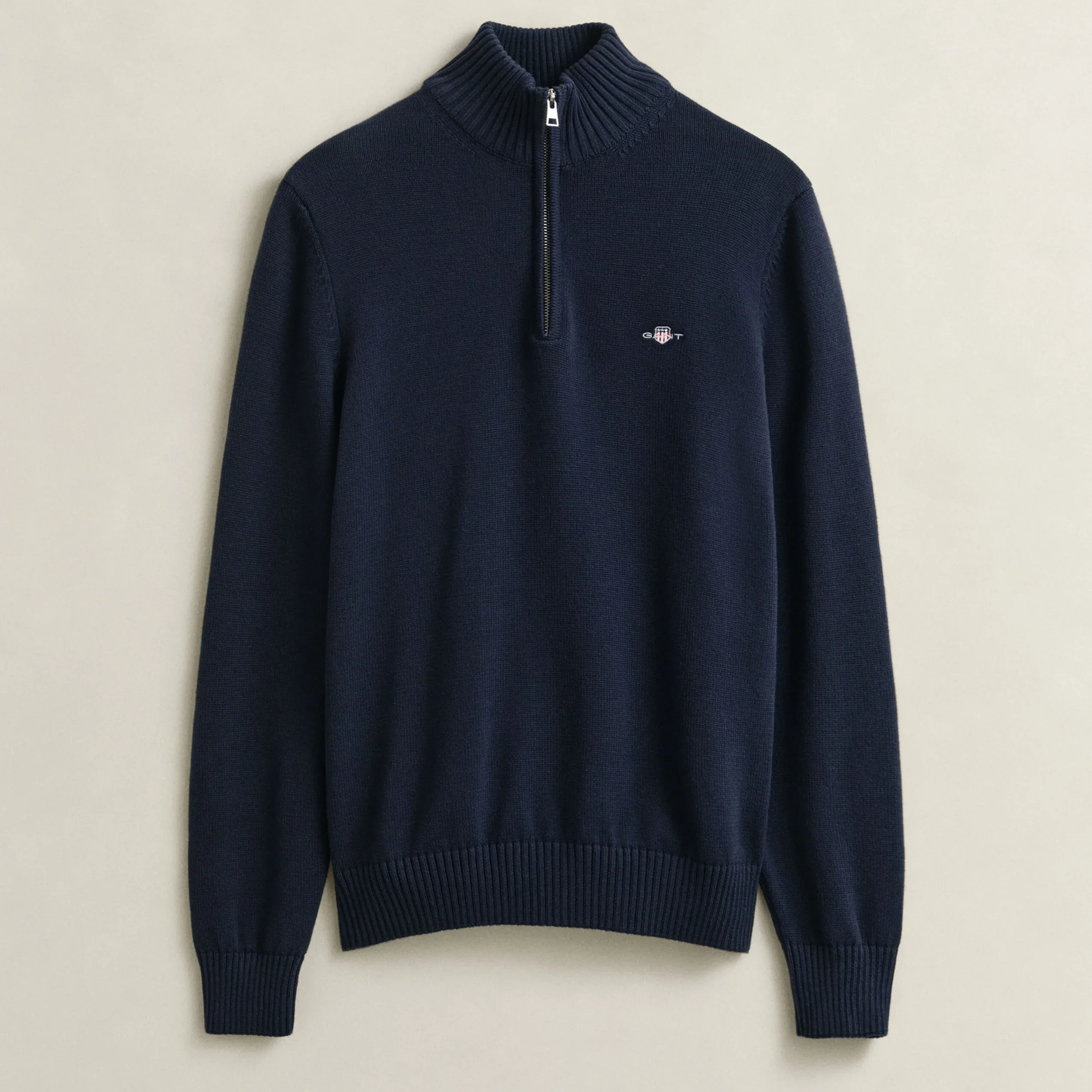 Flat View of GANT Cotton Knit Half Zip Jumper in Evening Blue