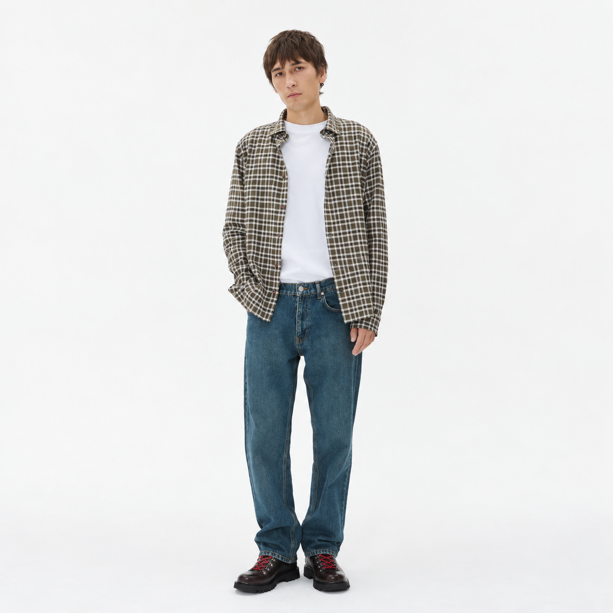 Full View of Model in Matinique Loose Fit Cotton Jeans in Washed Denim