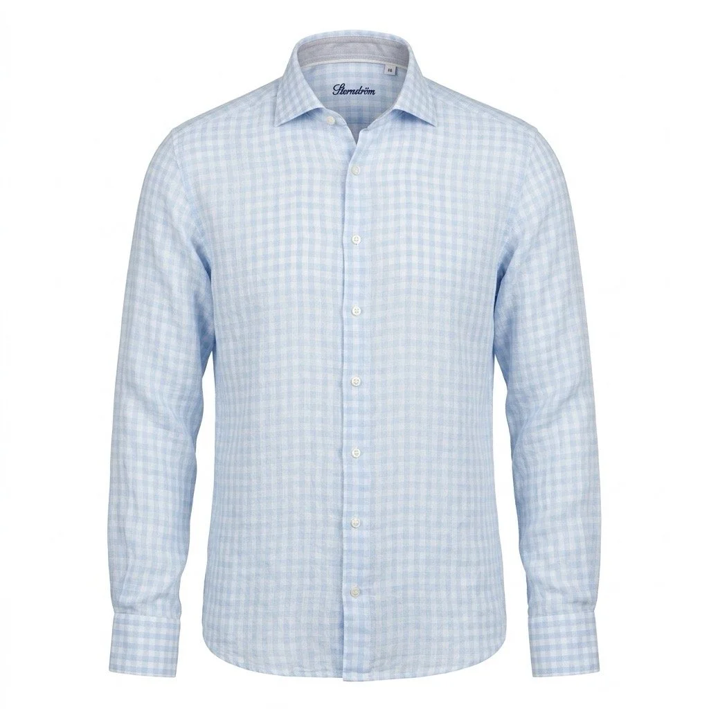 Flat View of Stenstroms Luxury Slim Fit Check Linen Shirt in White and Light Blue