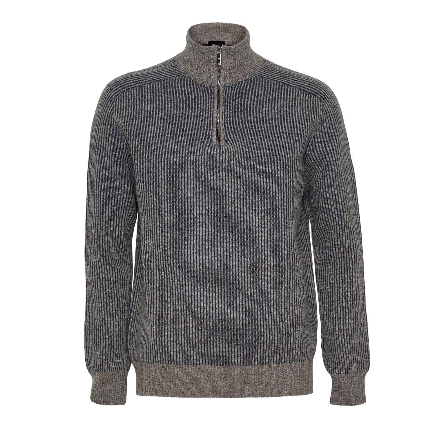 Flat View of SAND Copenhagen Stripe Zip Cardigan in Navy and Brown