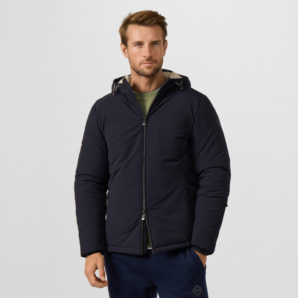 Front View of Model in Hackett Travel Puffer Jacket in Navy