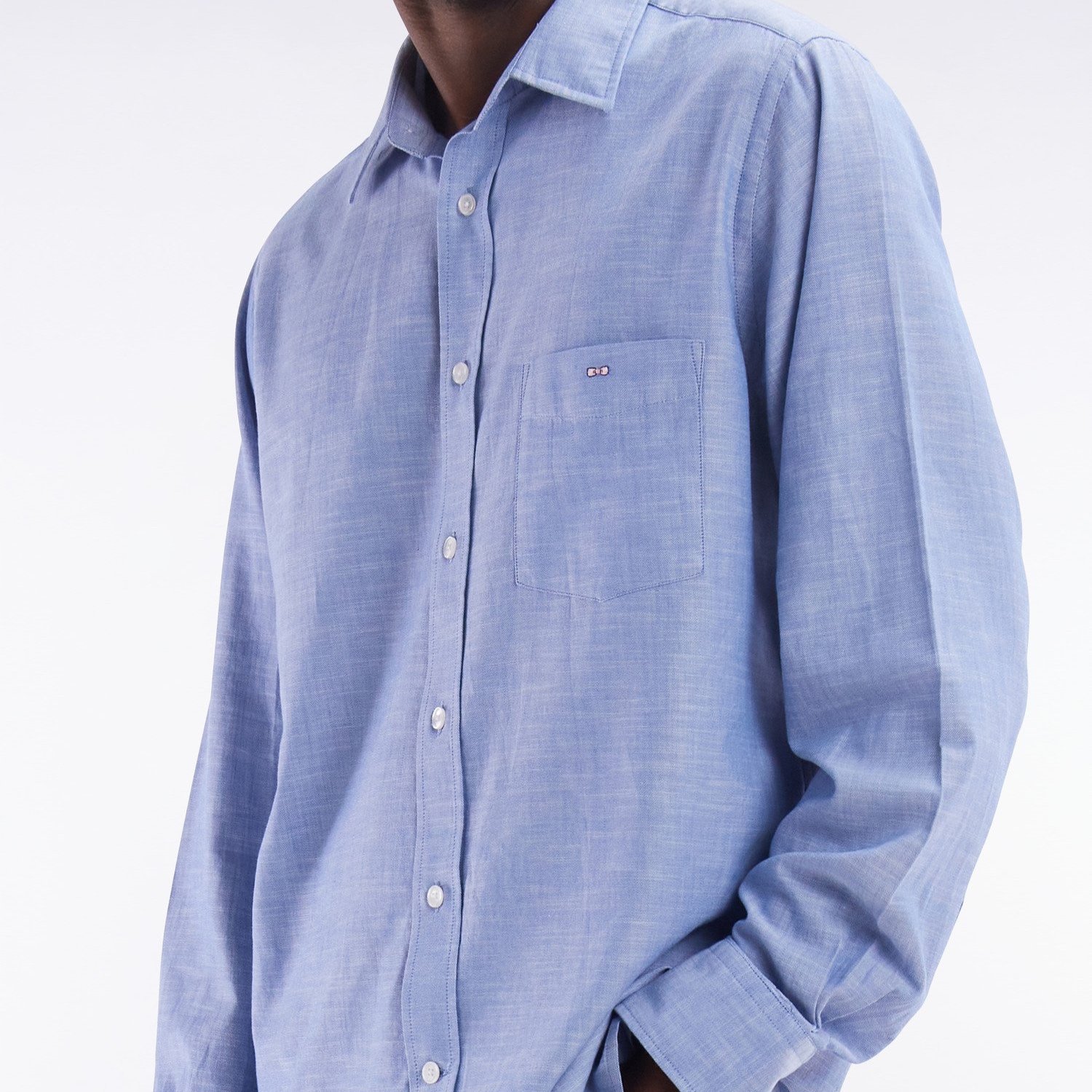 Side View of Model in Eden Park Micro Texture Shirt in Light Blue