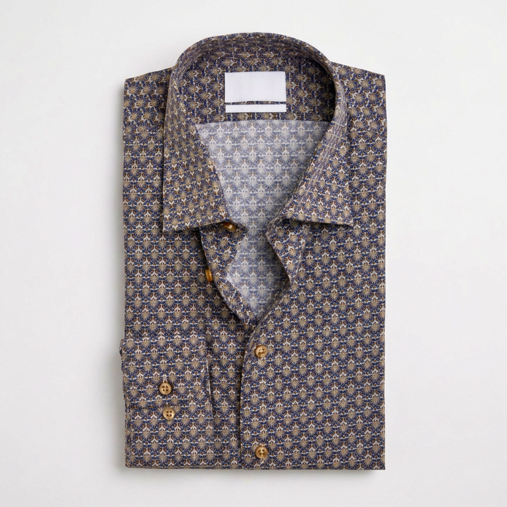 Flat View of SAND Copenhagen State Print Shirt in Navy and Sand