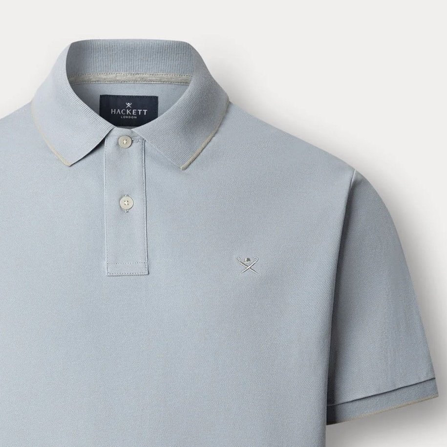 Close View of Hackett Tipped Collar Polo in Light Blue
