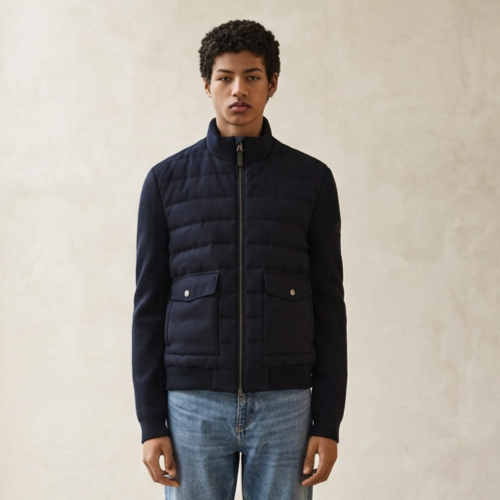 Front View of Model in GANT Insulated Hybrid Flannel Jacket in Evening Blue