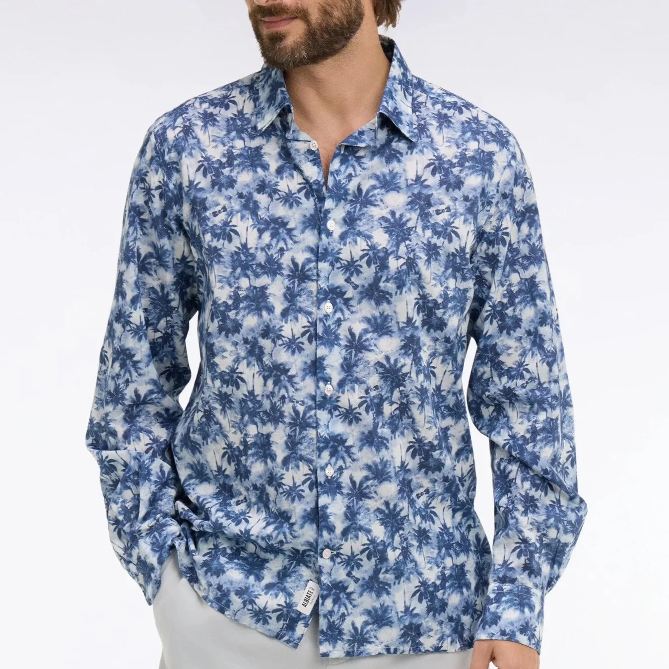 Model View of Eden Park Palm Tree Print Shirt in Denim Blue