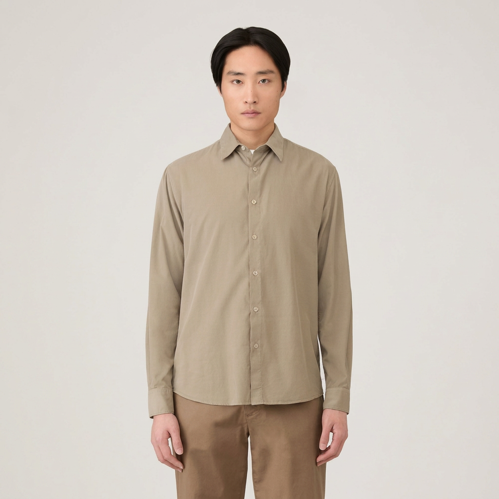 Front View of Model in Sunspel Luxury Fine Cord Shirt in Fog Taupe