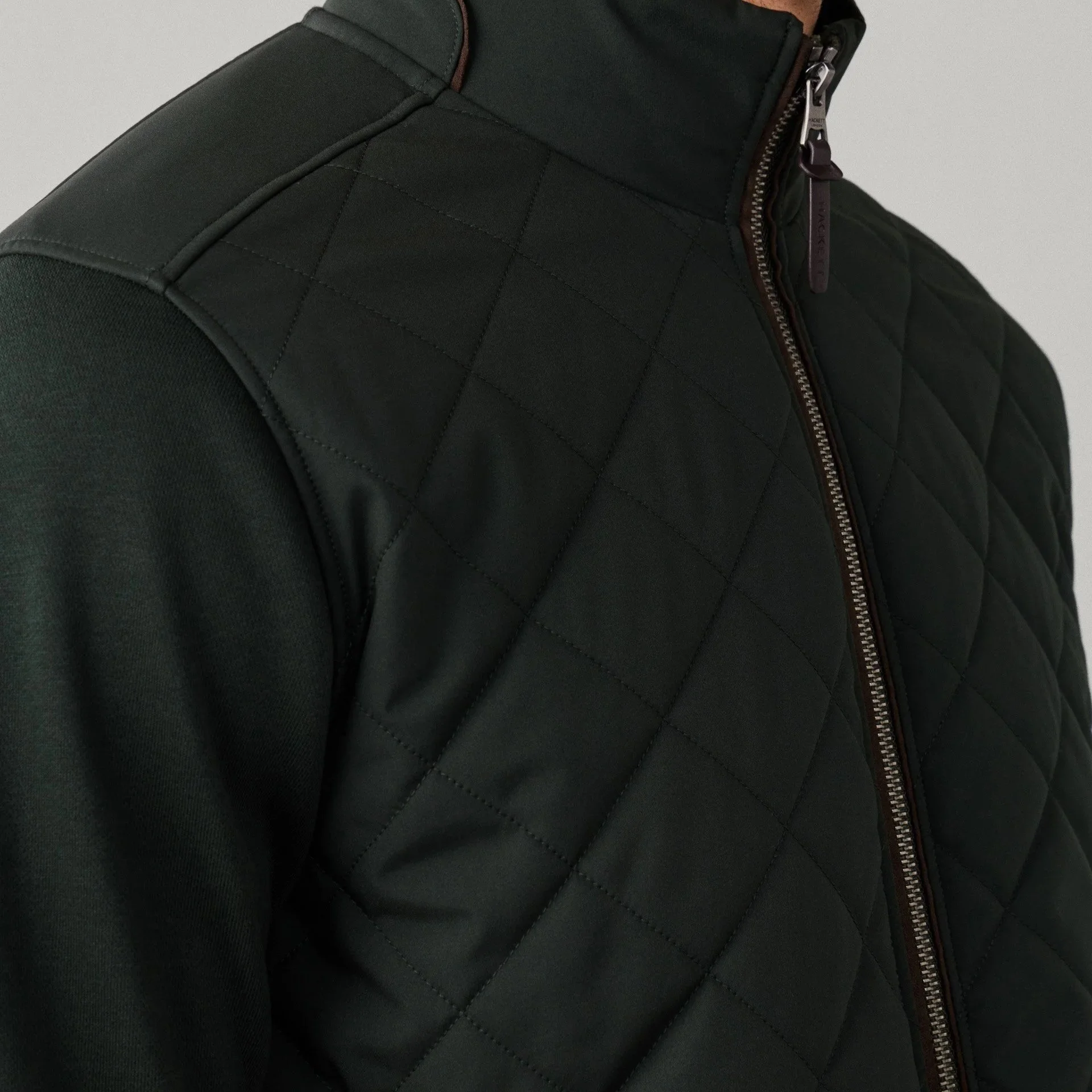 Close View of Model in Full Zip Hybrid Jacket in Hunter Green