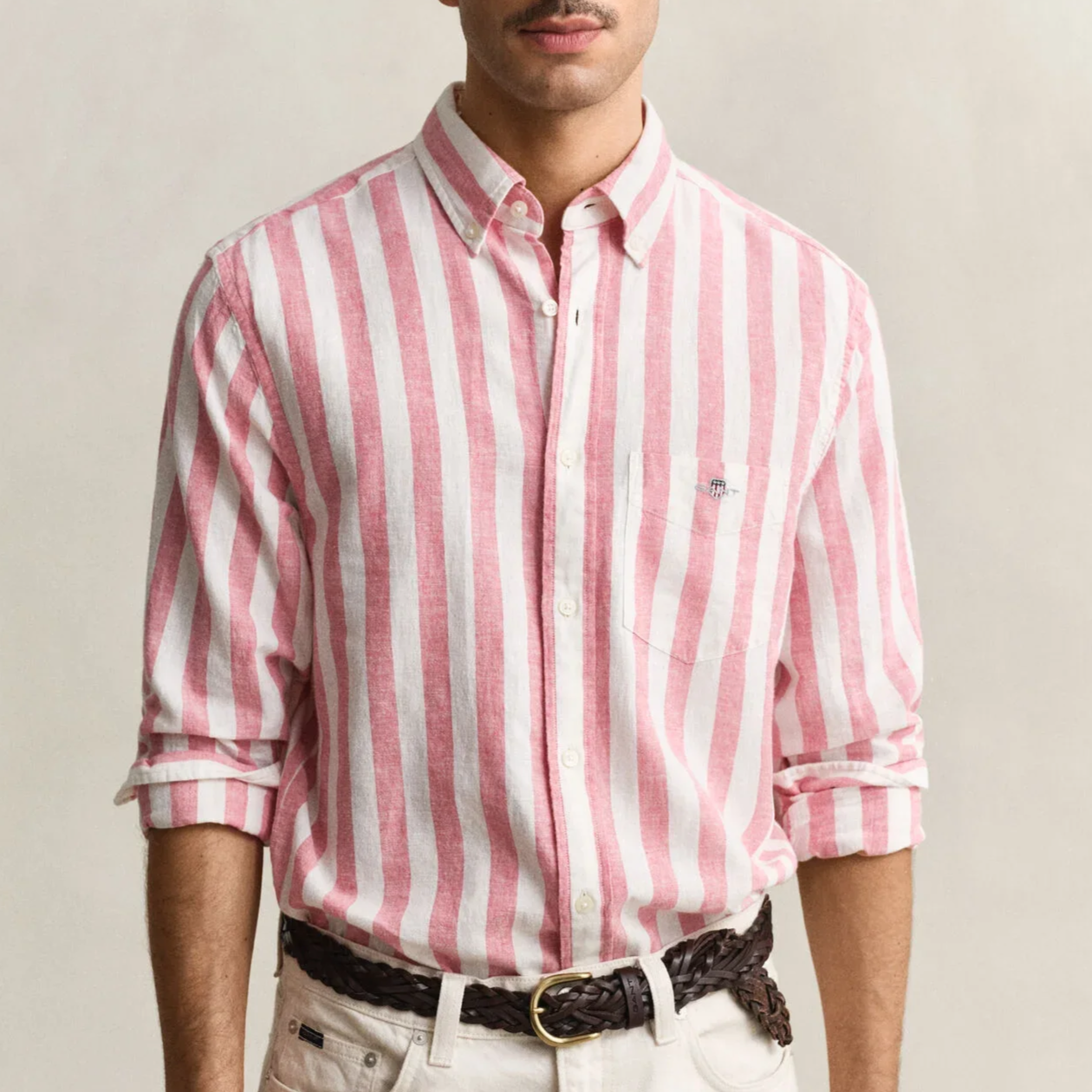 Model View of GANT Stripe Linen and Cotton Shirt in Pink and White