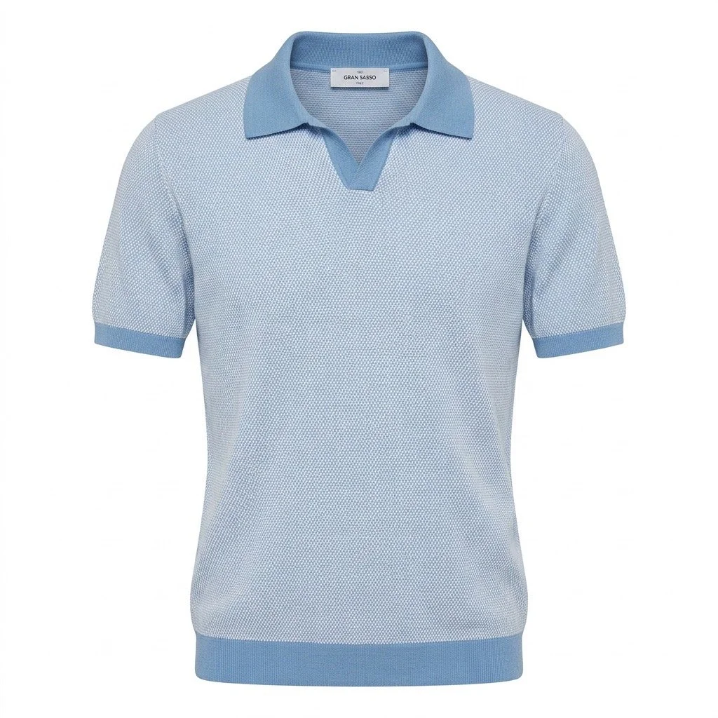 Flat View of Gran Sasso Luxury Texture Knitted Polo in Light Blue and White