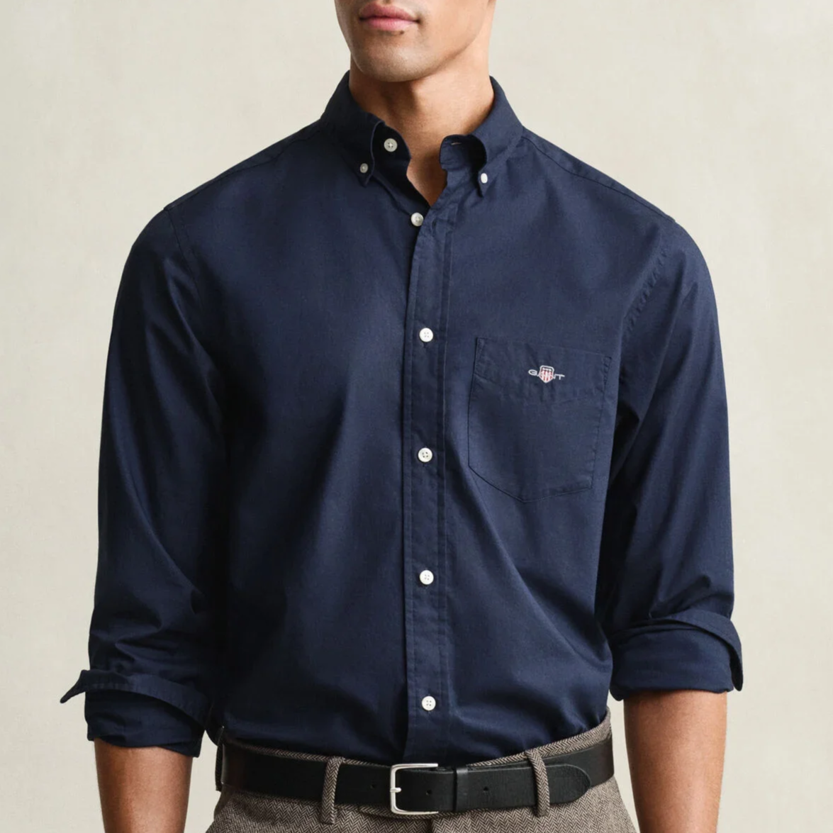 Model View of GANT Poplin Cotton Shirt in Navy