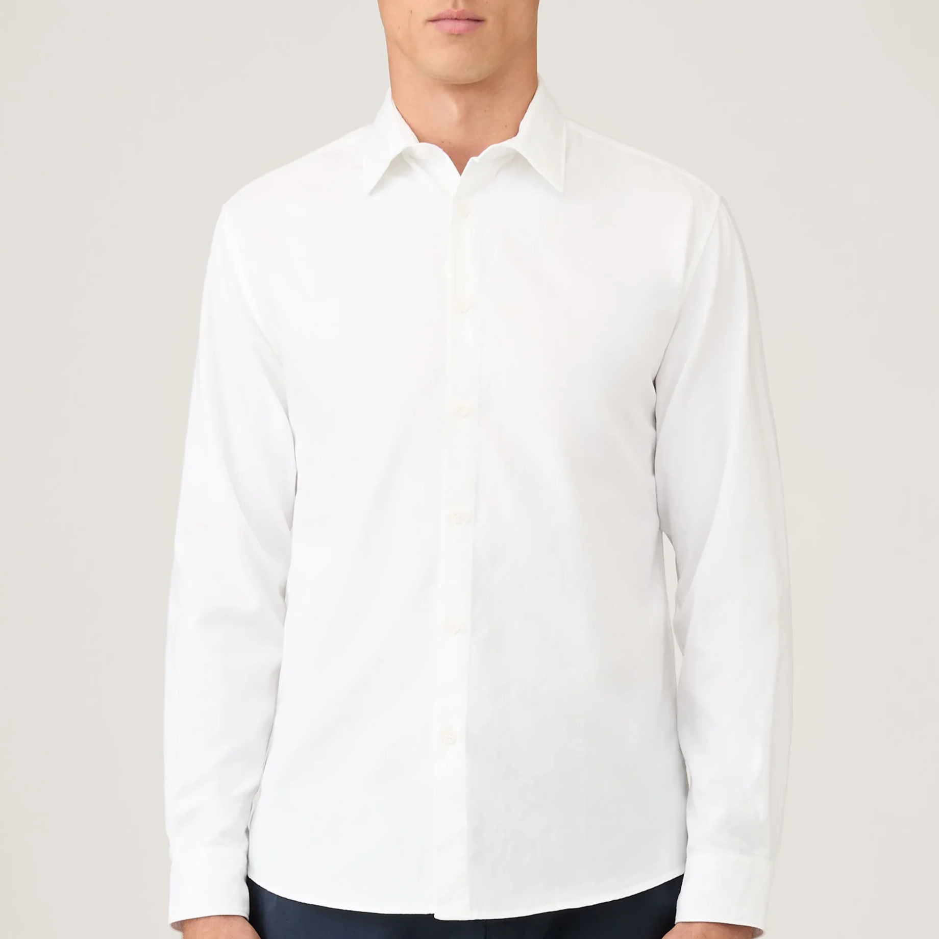 Model View of Sunspel Luxury Cotton Oxford Shirt in White