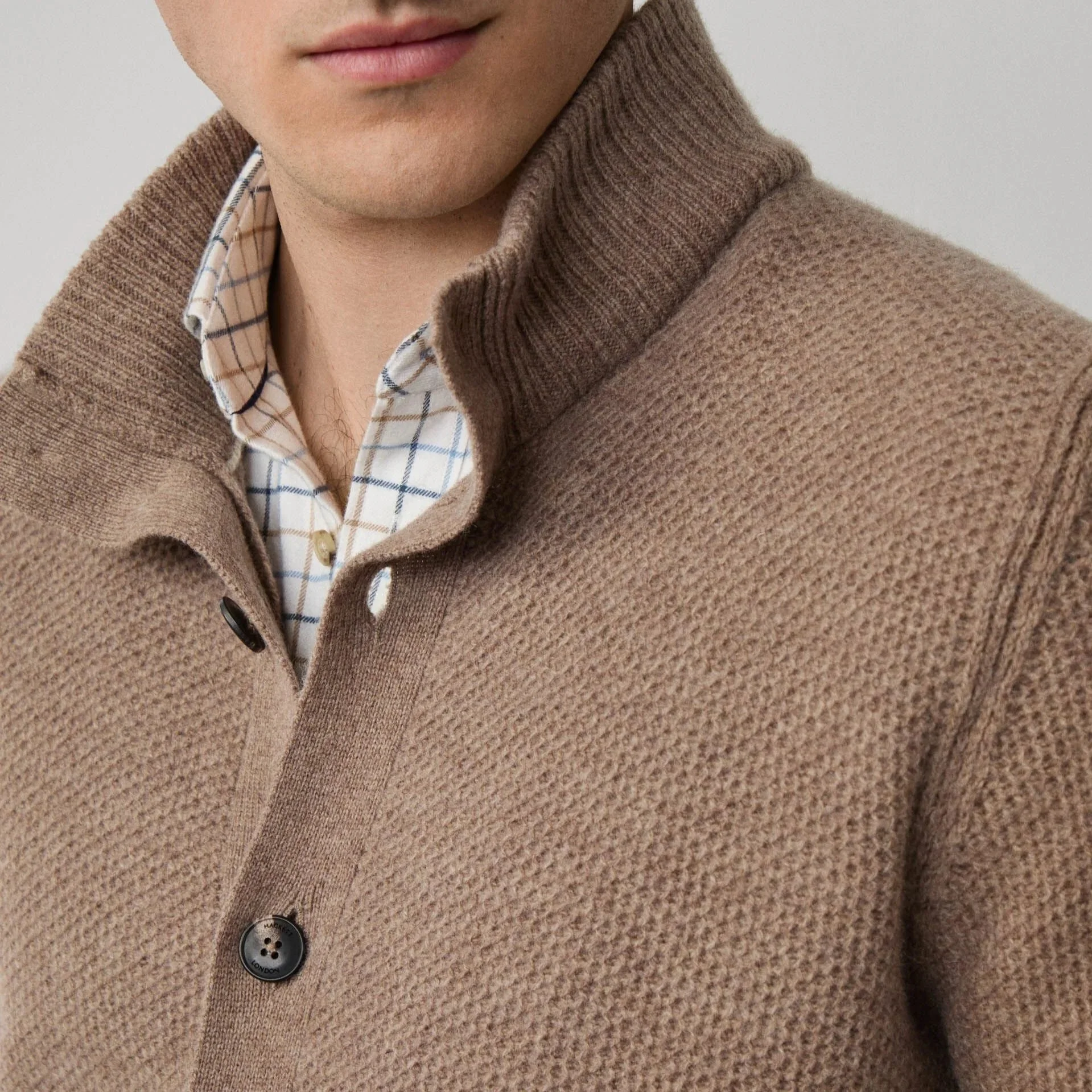 Close Model View of Hackett Chunky Merino Button Cardigan in Light Brown