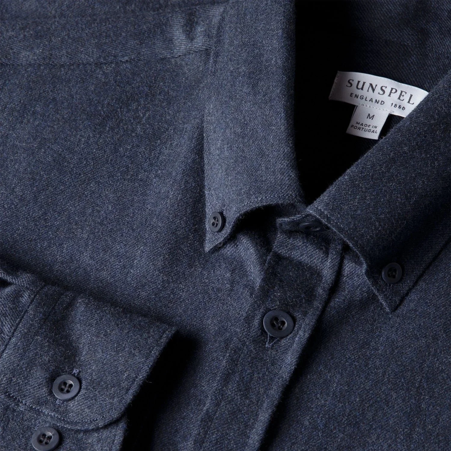 Close View of Sunspel Luxury Brushed Cotton Flannel Shirt in Navy Melange