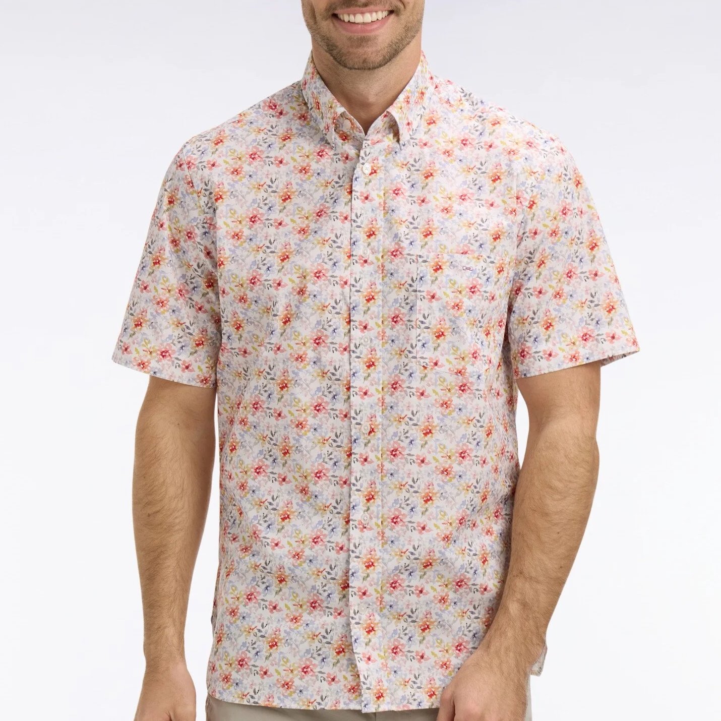 Model View of Eden Park Floral Short Sleeve Shirt in Red and Light Blue