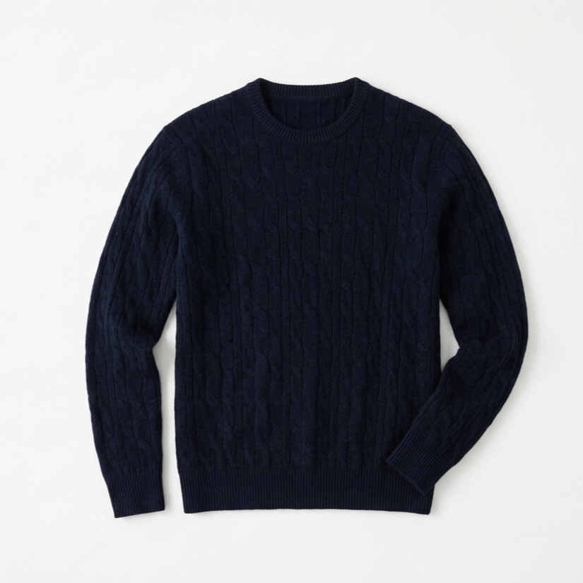 Flat View of Hackett Lambswool Cable Crew Neck Jumper in Navy