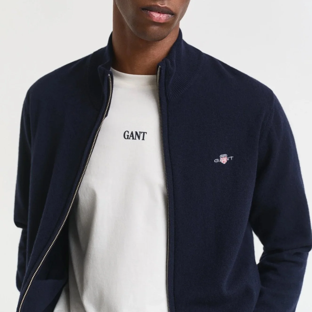 Close Model View of GANT Superfine Wool Zip Cardigan in Navy