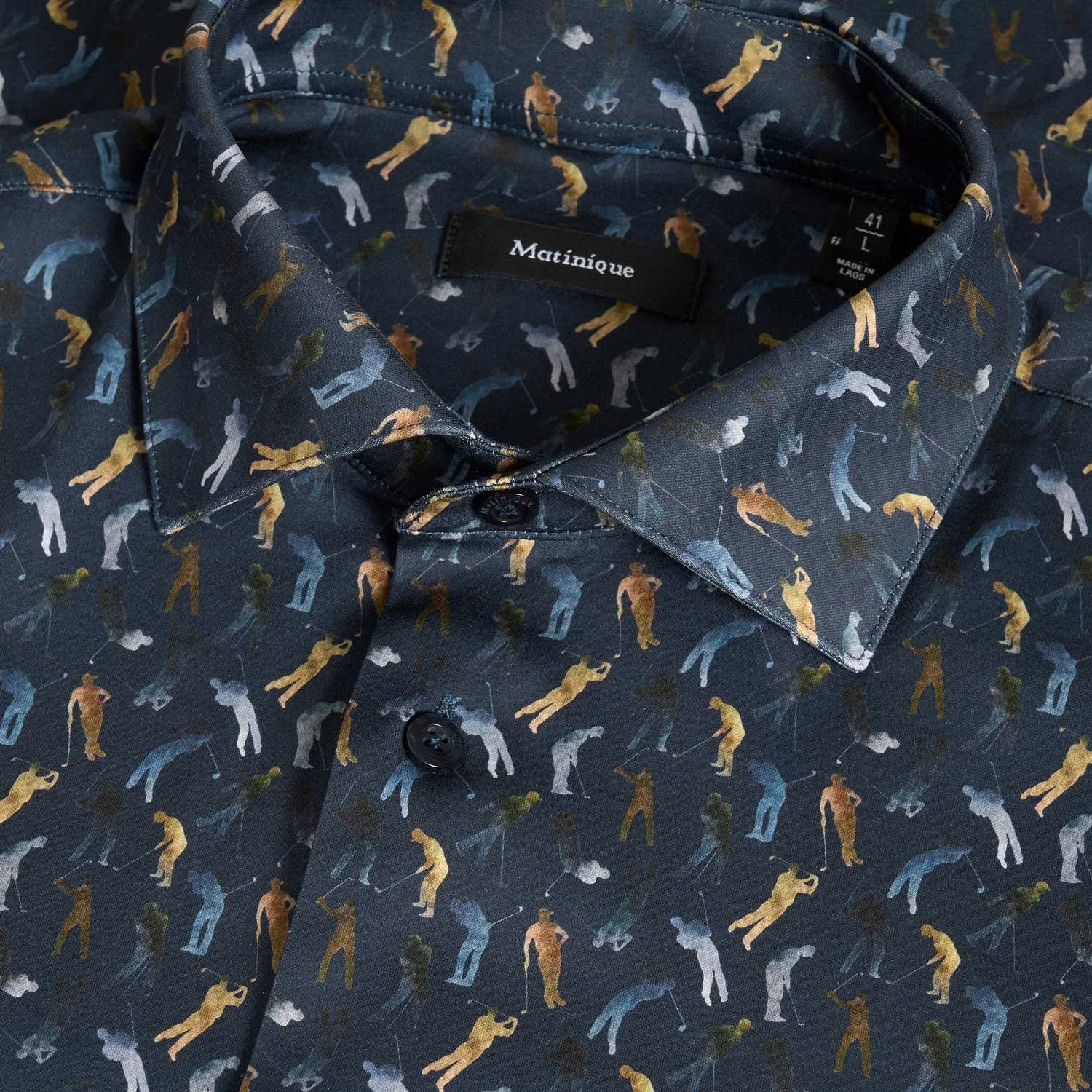 Close View of Matinique Golfer Graphic Shirt in Navy and Sand