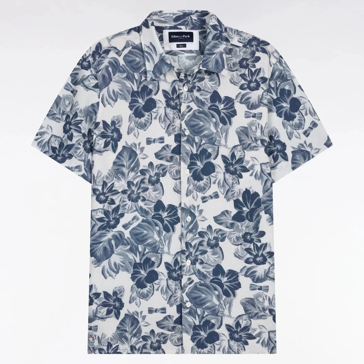 Flat View of Eden Park Slim Fit Floral Short Sleeve Shirt in White and Blue