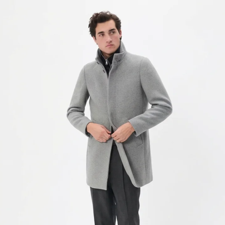 Front View of Model in Matinique Slim Fit Funnel Neck Coat in Light Grey