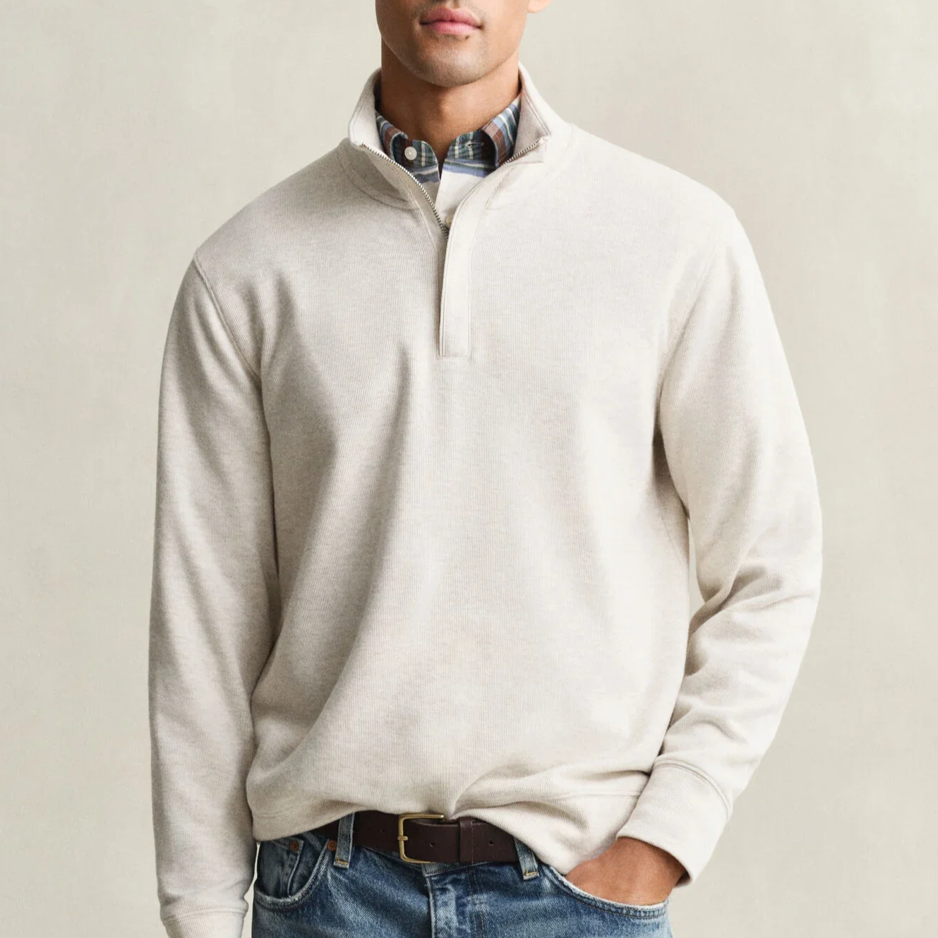 Model View of GANT Cotton Half Zip Sweatshirt Jumper in Sand