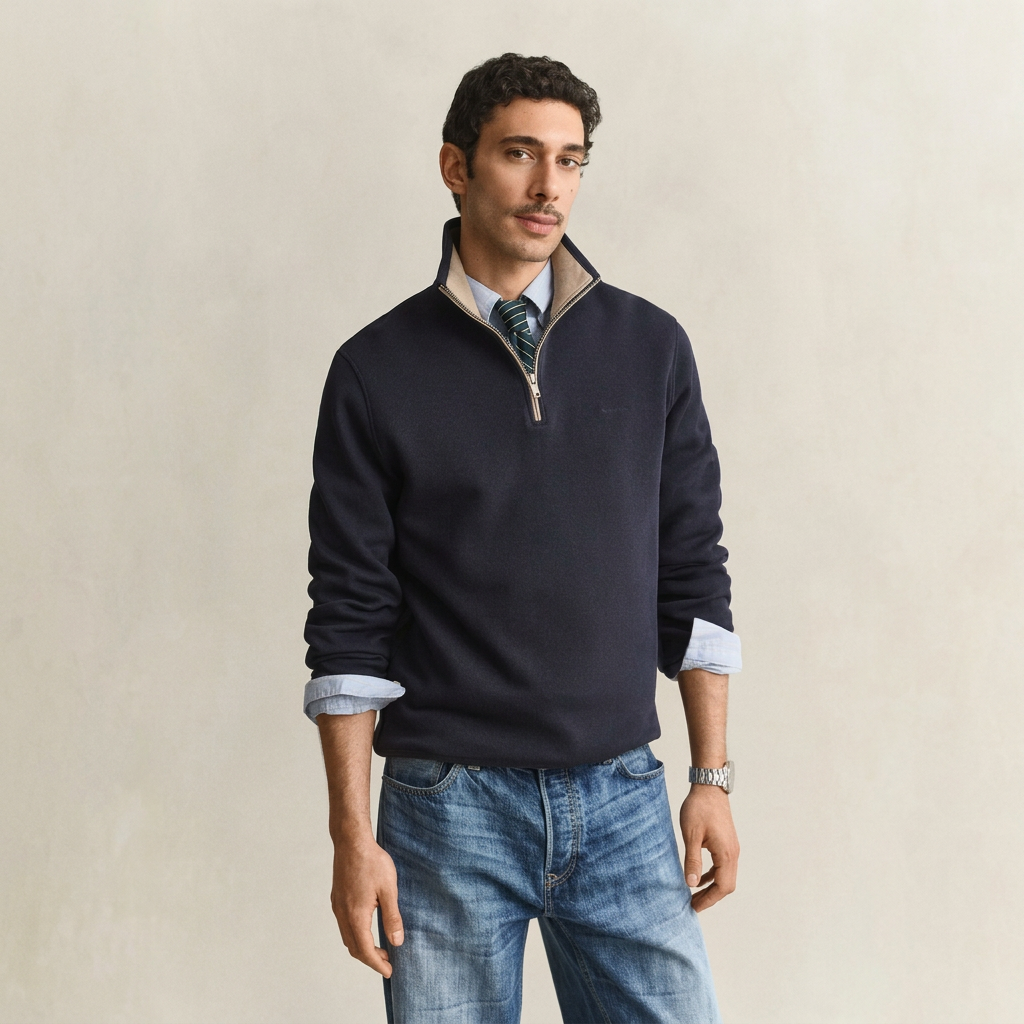 Front View of Model in GANT Sacker Rib Half Zip Jumper in Evening Blue
