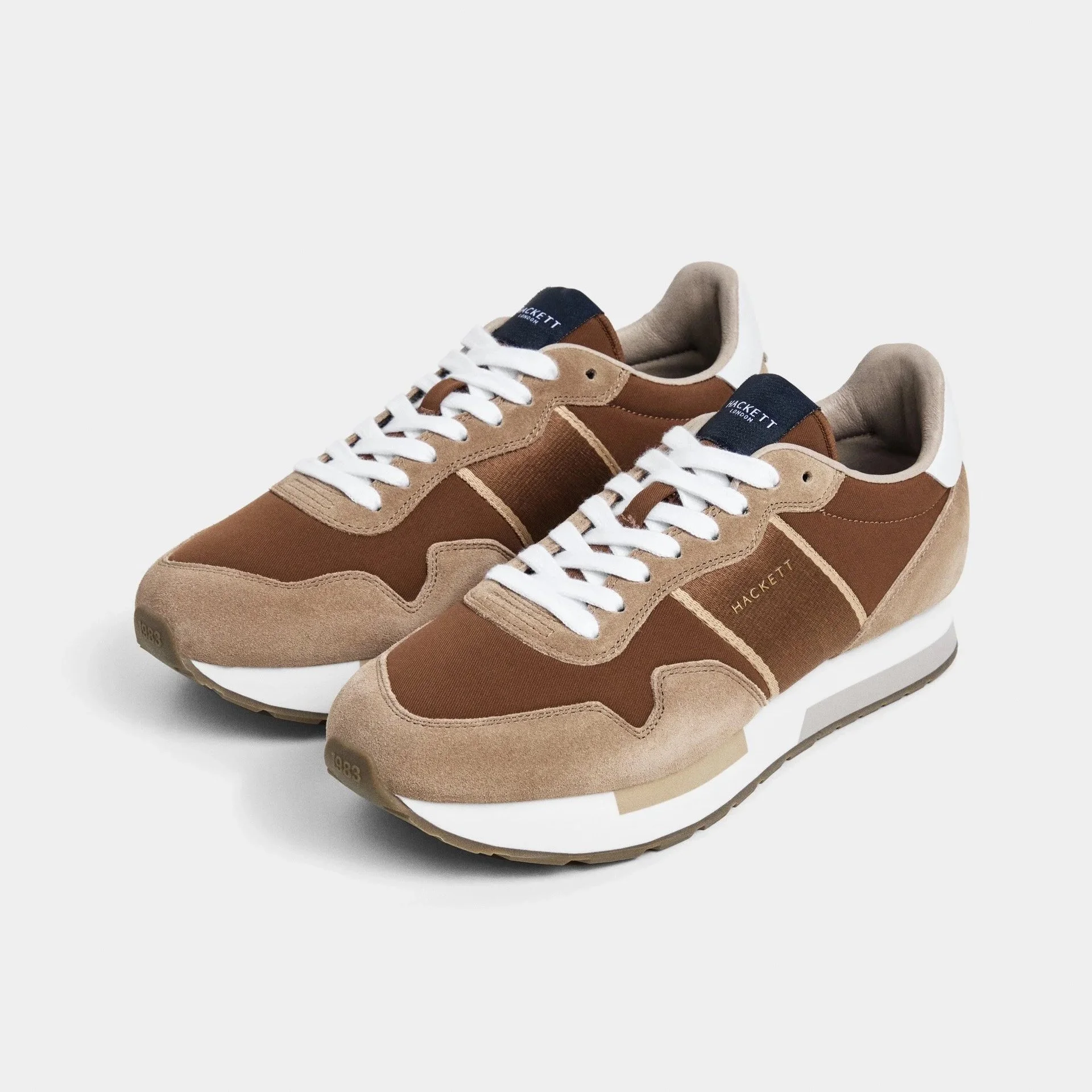Side View of Pair of Hackett Keston Leather and Suede Trainer in Nut Brown
