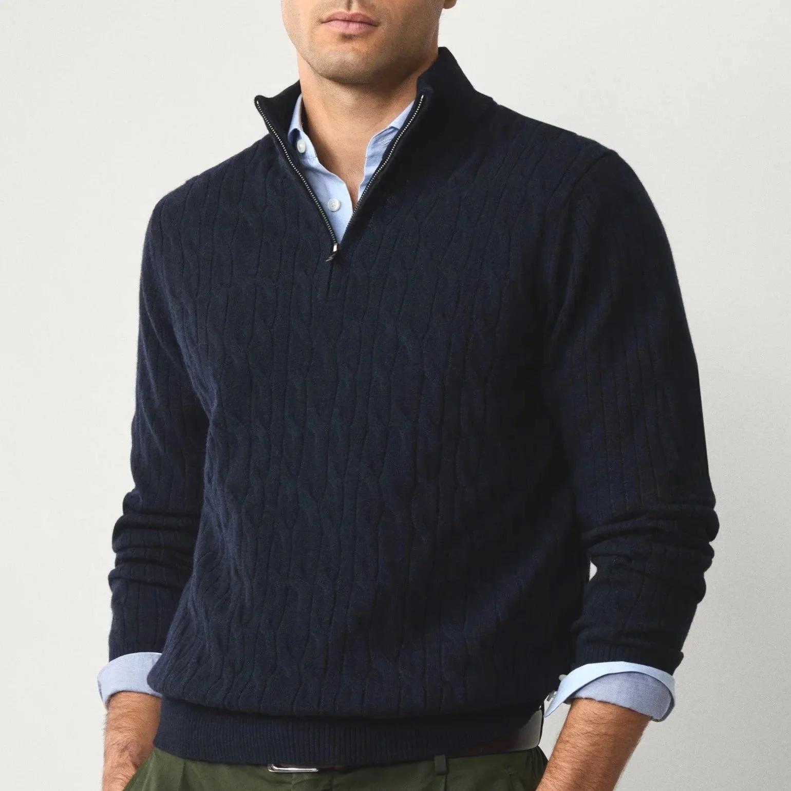 Model View of Hackett Lambswool Cable Half Zip Jumper in Navy