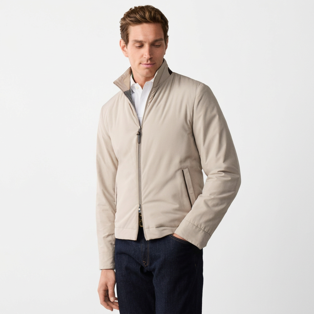 Front View of Model in Hackett Lightweight Blouson Jacket in Cream