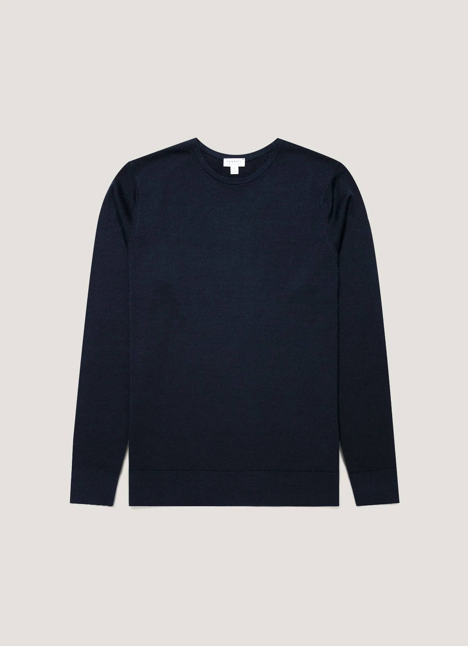 Flat View of Sunspel Merino Wool Crew Neck Jumper in Navy